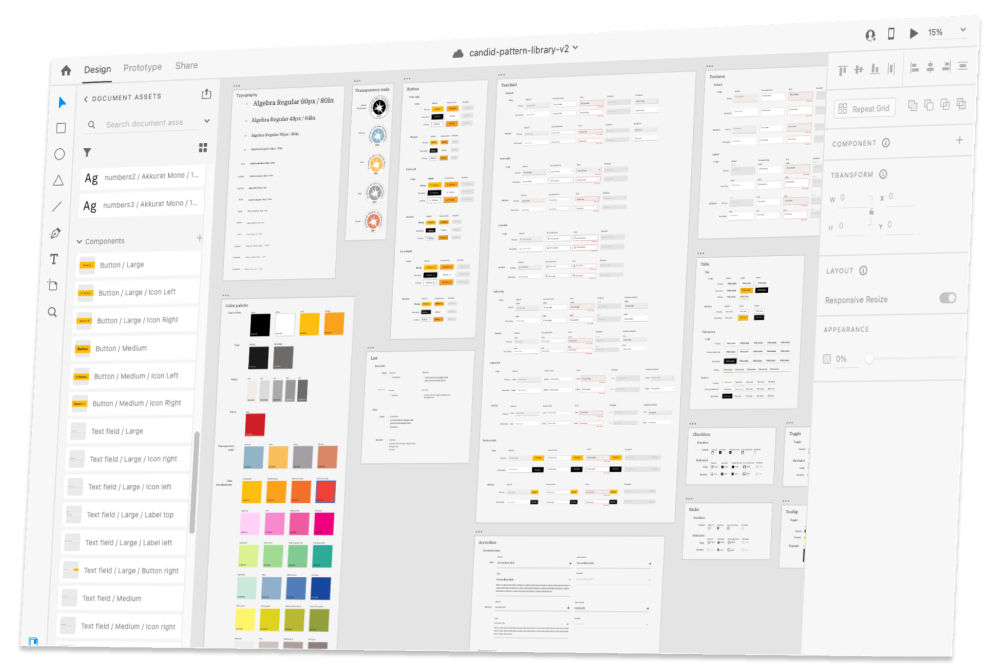 Screenshot of Candid design system in Adobe XD workspace