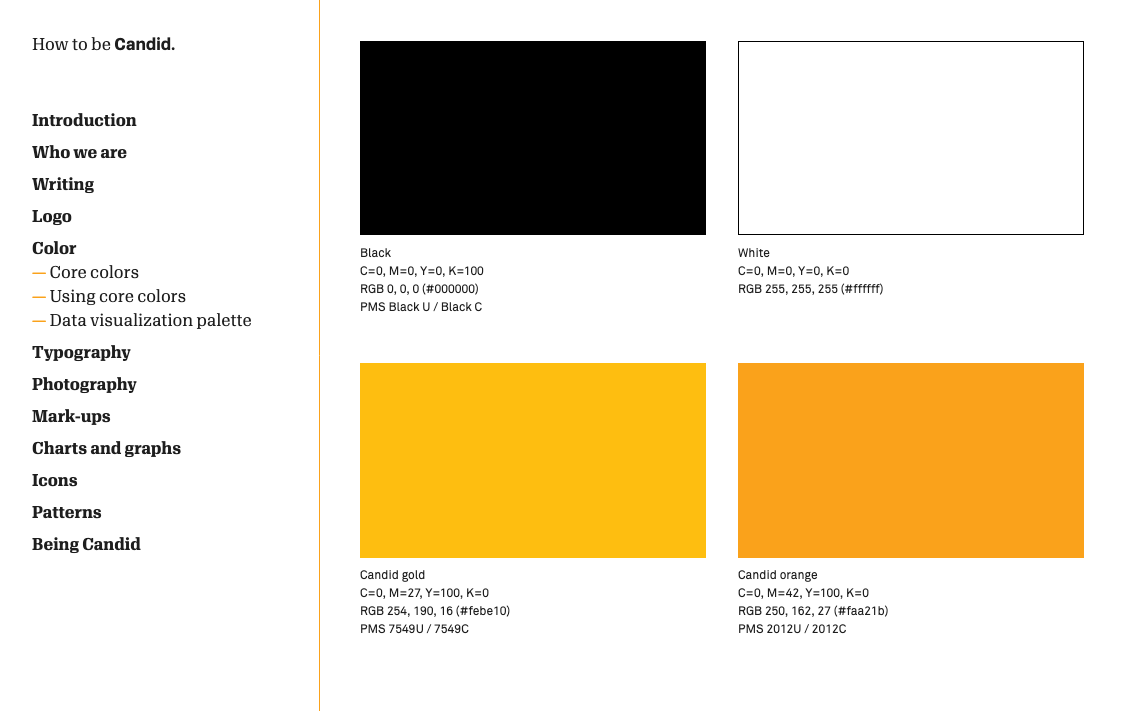 Screenshot of color swatches from the Candid Style Guide