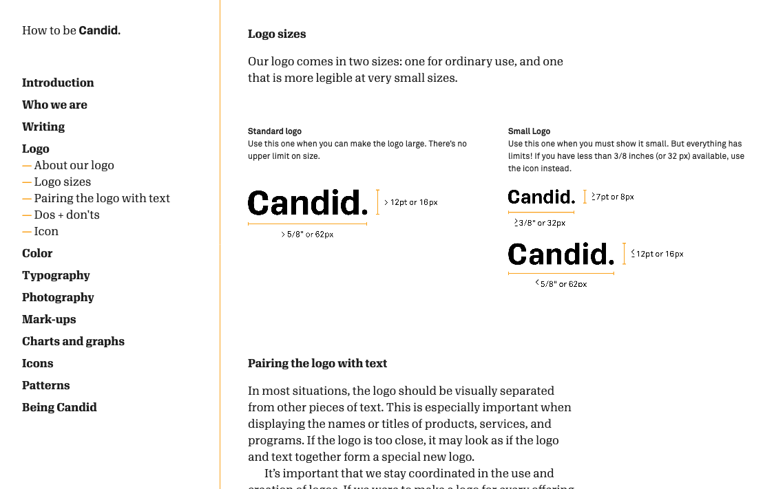 Screenshot of logo guidelines from the Candid Style Guide