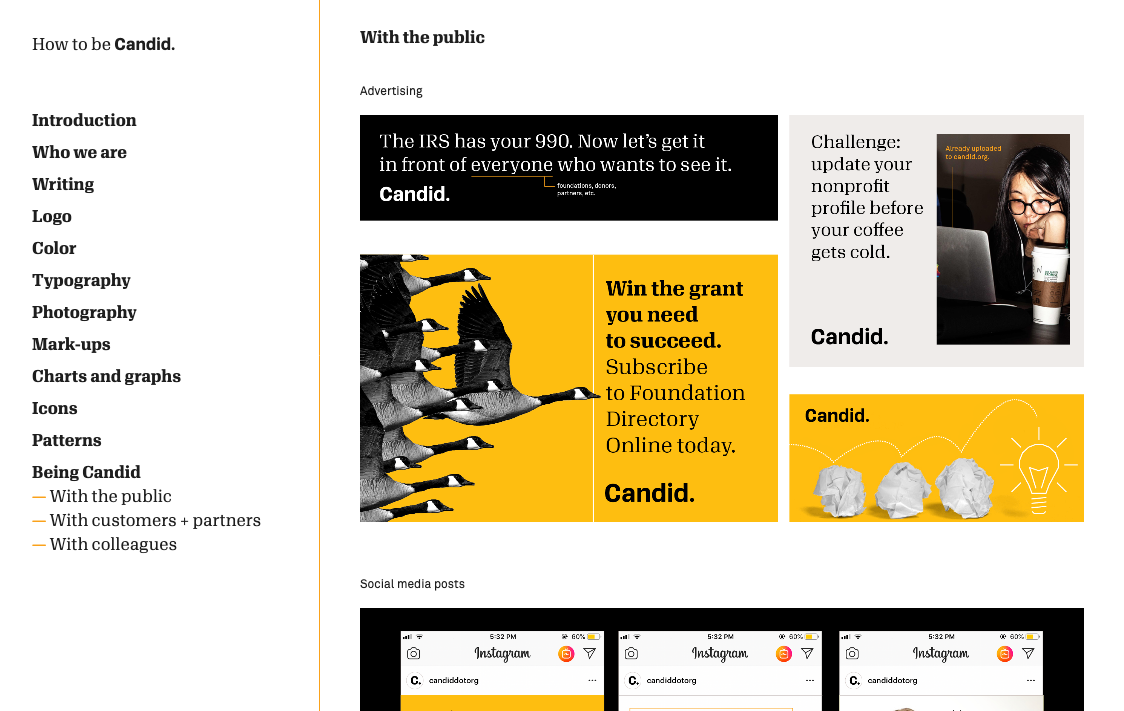 Screenshot of example advertisements from the Candid Style Guide