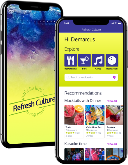 Two mobile phones displaying the Refreh Culture splash page and welcome page