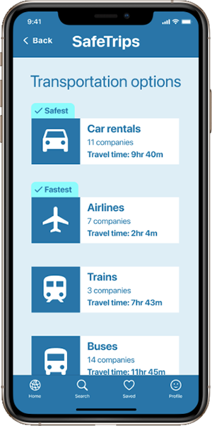 Mockup of SafeTrips app in an iPhone screen, showing list of transportation options including Car rentals, Airlines, Trains and Buses