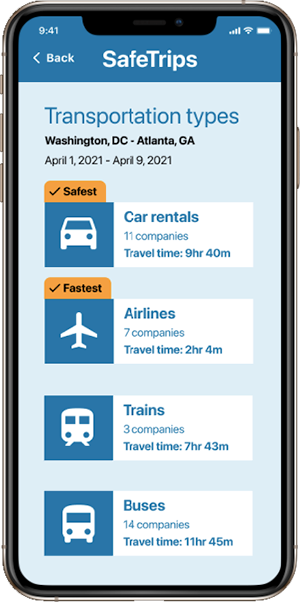 Updated mockup of SafeTrips app in an iPhone screen, with added trip details and changed style of tags