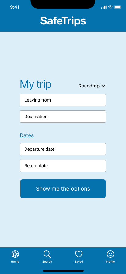 Mid-fidelity mockup of SafeTrips trip search form