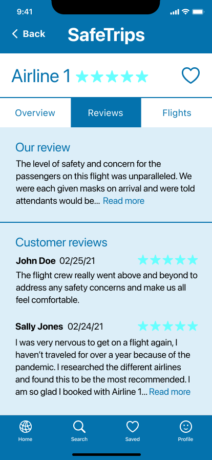 Mid-fidelity mockup of SafeTrips individual airline reviews